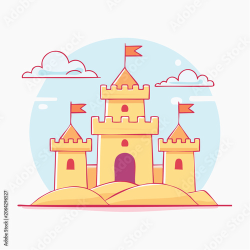 Cartoon Sandcastle with Flags and Clouds