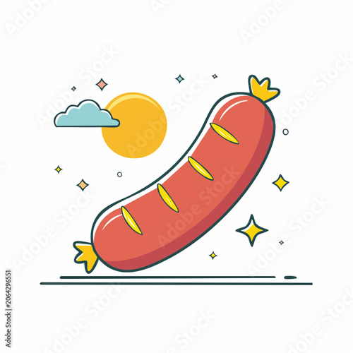 Cartoon Sausage with Sun and Cloud Illustration