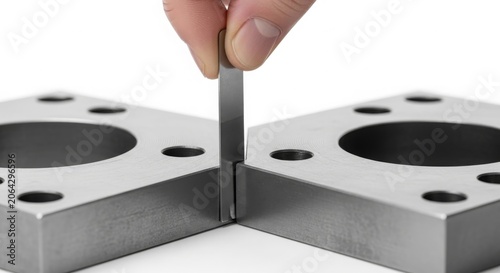 Close up of a hand inserting a precision gauge into a metal component gap for accurate measurement