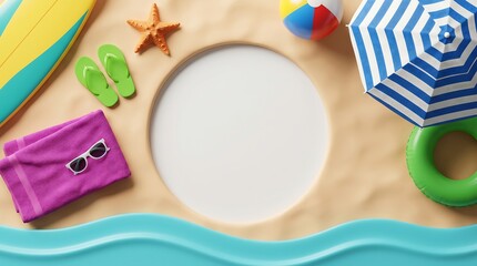 Summer Beach Vacation Accessories Frame 3D Render Flat Lay Mockup