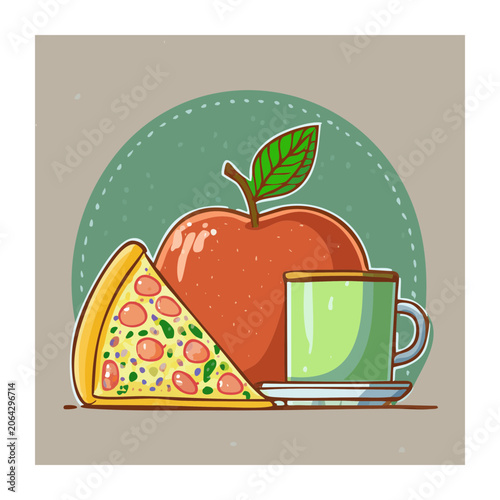 Flat Design Illustration of Apple Pizza and Coffee