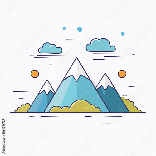 Flat Design Mountain Landscape with Clouds and Sun