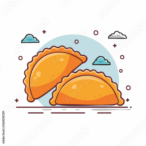 Illustration of two empanadas with clouds and decorative elements