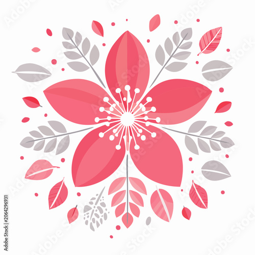 Stylized Pink Flower with Leaves and Dots