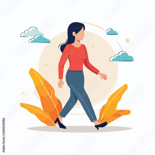 Woman Walking Outdoors with Clouds and Leaves