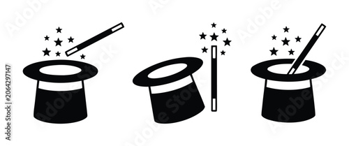 Fényképezés Magic Hat Icon Set – Magician Top Hat, Wand, Rabbit Trick & Abracadabra Vector C