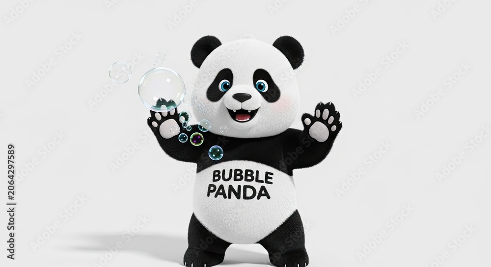 Fototapeta premium 3D rendered panda character playing with bubbles on white background.