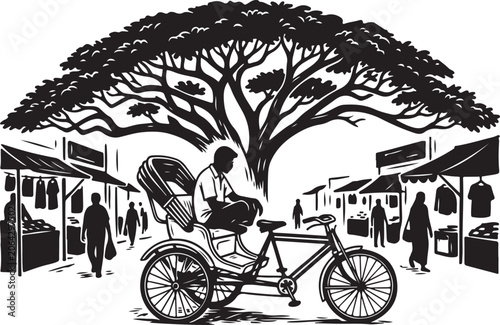 Black and white vector illustration, rickshaw, bicycle taxi, African market scene, tree