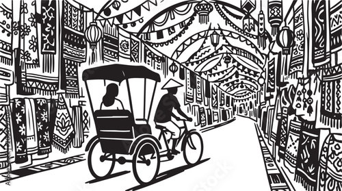 Vintage tricycle, rickshaw, Asian street scene, black and white illustration