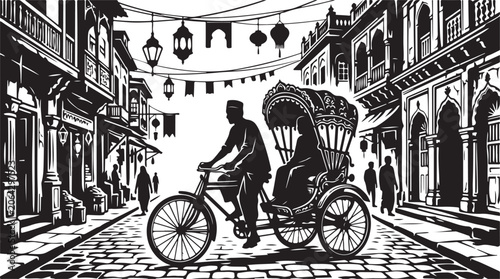 Vintage tricycle, rickshaw illustration, black and white, city street scene, vector graphics
