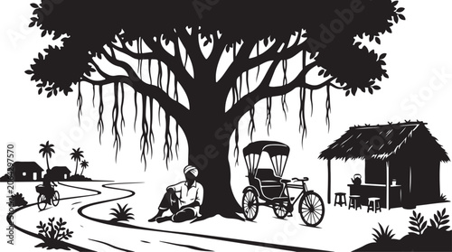 vintage tricycle, rural scenery, black illustration, vector graphics