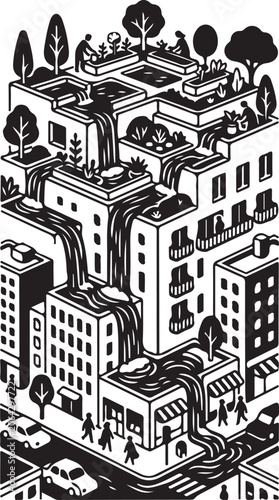 Black and white cityscape, urban landscape illustration, isometric buildings, modern architecture design elements