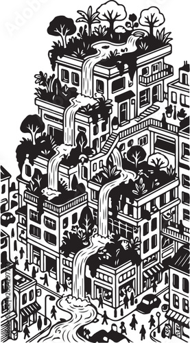 Black and white cityscape, urban illustration, fantasy architecture, detailed buildings