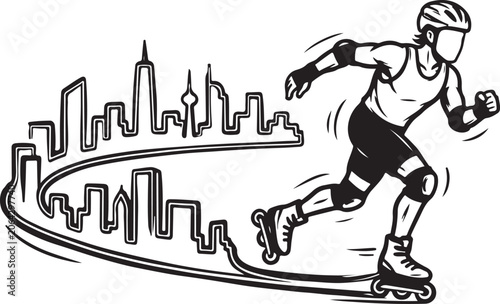Inline Skater, City Skyline, Black and White Vector, Sports Illustration, Urban Recreation