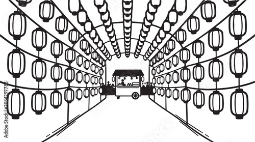 Black and white vector illustration, vintage-style streetlights, cityscape tunnel, urban scenery