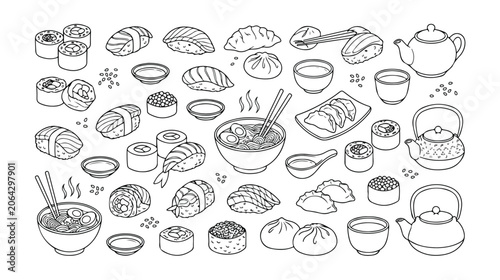 Bilde på lerret Asian food doodle vector set, hand-drawn sushi, ramen, dim sum, and tea ceremony