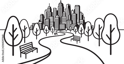 City park, urban landscape, black and white illustration, vector cityscape, park scene