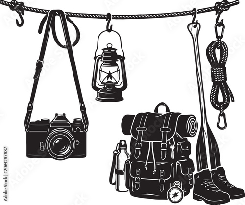 Camping, hiking, travel icons, outdoor adventure set, black and white vector graphics