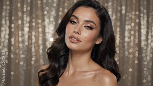 Close up of sexy woman posing for beauty fashion concept in front of out of focus sparkle shimmer curtain background glamorous model moving in slow motion shot in 4K. 