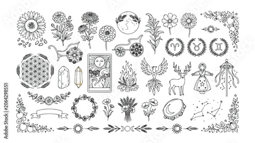 Bild auf Leinwand Mystical hand-drawn vector elements, celestial and nature-inspired line art collection
