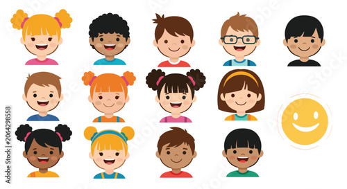 Diverse group of smiling children faces showing different hair colors and skin tones in a grid layout illustration.