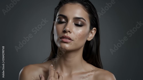 Close up of sexy woman posing for beauty fashion concept in front of out of focus sparkle shimmer curtain background glamorous model moving in slow motion shot in 4K. 