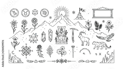 Mystical mountain adventure vector icon set, nature-inspired celestial and zodiac symbols, magical wildlife and botanical elements, spiritual exploration graphics for branding and design projects