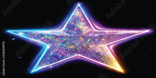 Foto Neon glowing star with holographic glitter and gradient lights holographic gradi