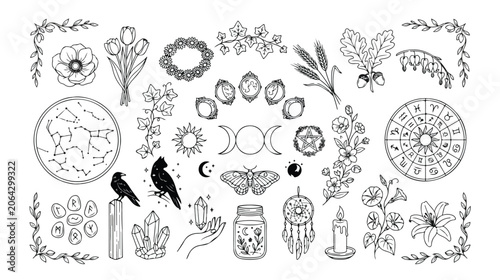 Mystical celestial vector icon set, hand-drawn black and white esoteric symbols, magical nature elements, witchcraft illustrations for spiritual designs, occult branding, and bohemian decor