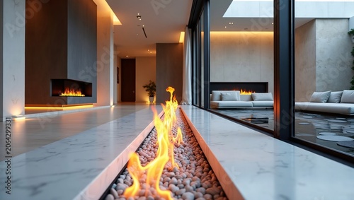 Modern long linear fire pit with marble ledge, glowing flames and minimalist lounge space behind glass