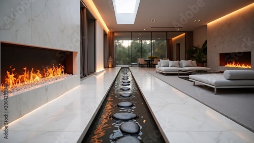 Luxury minimalist living room, dual marble fireplaces, central stone water channel and light lounge sofas