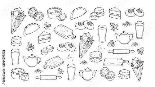 Obraz na płótnie Traditional British Food and Drink Line Art Vector Set, Hand-Drawn Pub Grub, Bak