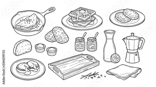 Foto Breakfast food vector icon set, classic morning meal elements, brunch menu desig