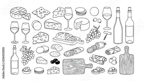 Gourmet Wine and Cheese Board Delights, Hand-Drawn Vector Collection. Artisanal Food and Drink Elements, Perfect for Menus, Invitations, and Culinary Designs.