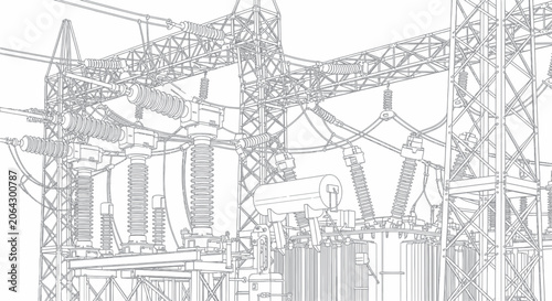 Foto Power plant substation with lattice towers and electrical equipment