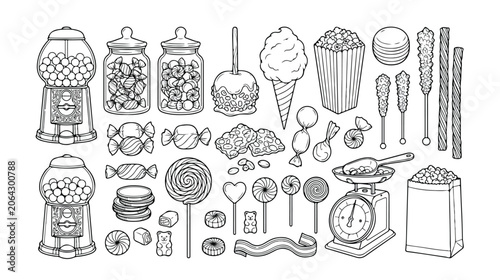 Картината върху платно Sweet Candy Shop Delights, a charming black and white vector illustration set, f