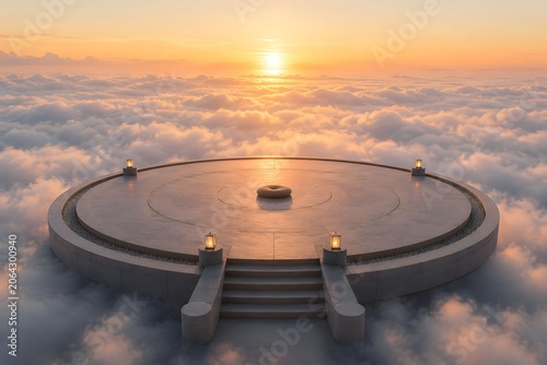 Floating Meditation Platform Above Endless Clouds at Sunrise