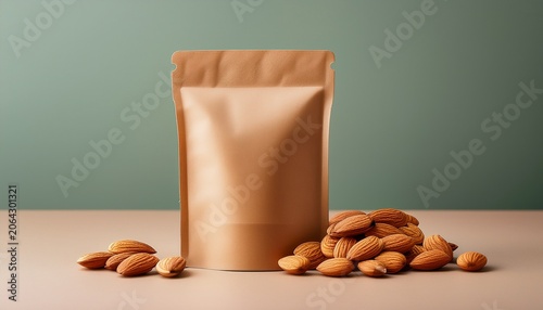 blank kraft paper pouch mockup with almonds for organic food packaging design and healthy snack product branding
