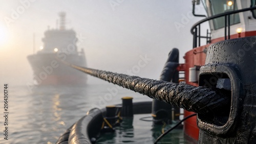 A taut black towline connects a tugboat to a distant ship in morning mist.