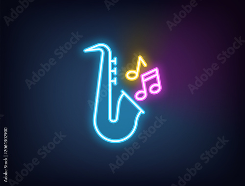 Outline neon jazz music, blue magenta yellow. Neon saxophone with musical notes. Jazz retro party, live classical music, musical festival and jazz show, golden sax melody play, music concert. Vector