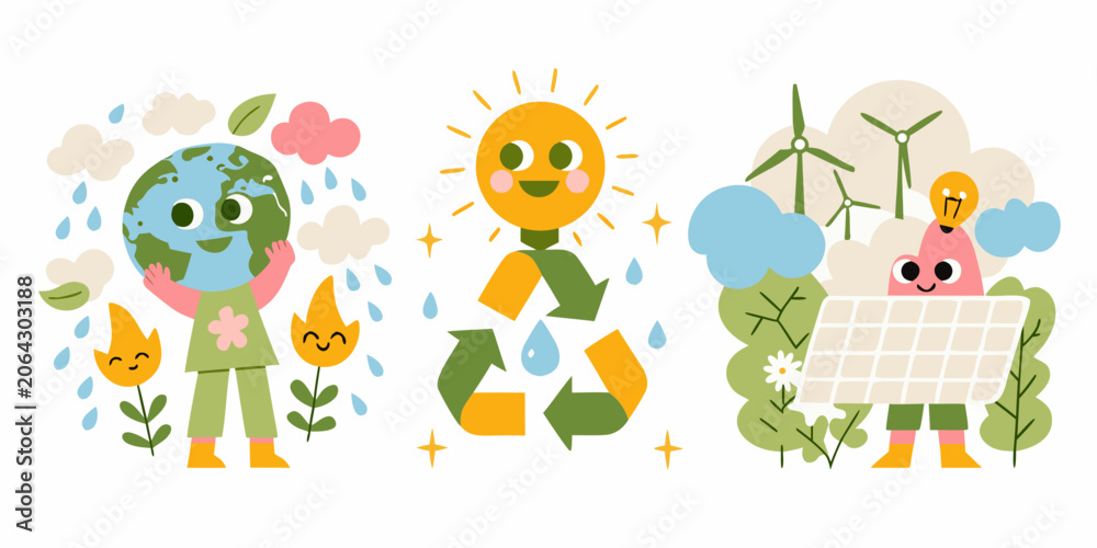 Fototapeta premium Eco Friendly Illustrations Featuring Earth Sun And Renewable Energy Sources