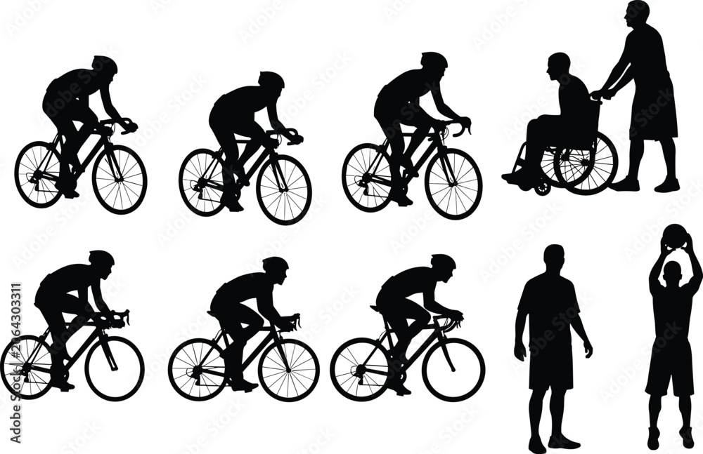 Obraz premium Silhouette vector set of cyclists riding bicycles man pushing person in wheelchair and basketball players on white background