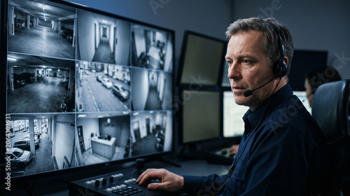 Security Guard Monitoring Multiple Surveillance Camera Feeds in Control Room