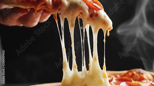 Melting cheese pull on hot slice of pizza