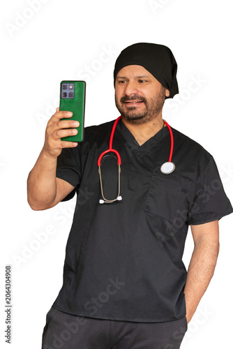 Healthcare professional using a mobile phone for digital health consultation, isolated cut-out portrait