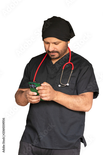 Friendly medical worker or nurse looking at cellphone during online tele health appointment