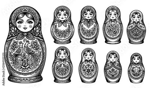 Foto Matryoshka Doll Engraving Icons Vector Collection Russian Folk Toys