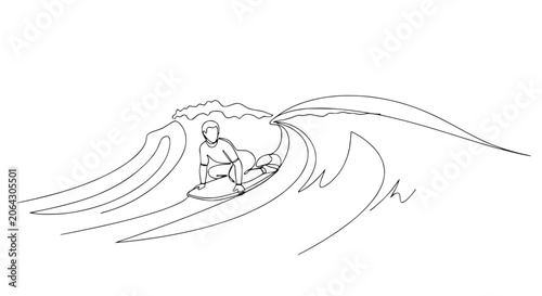 Foto Man bodyboarding inside ocean wave, simple line art sketch, action sport illustr