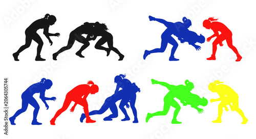 Fotografía Female athletes wrestling in dynamic colorful silhouette poses