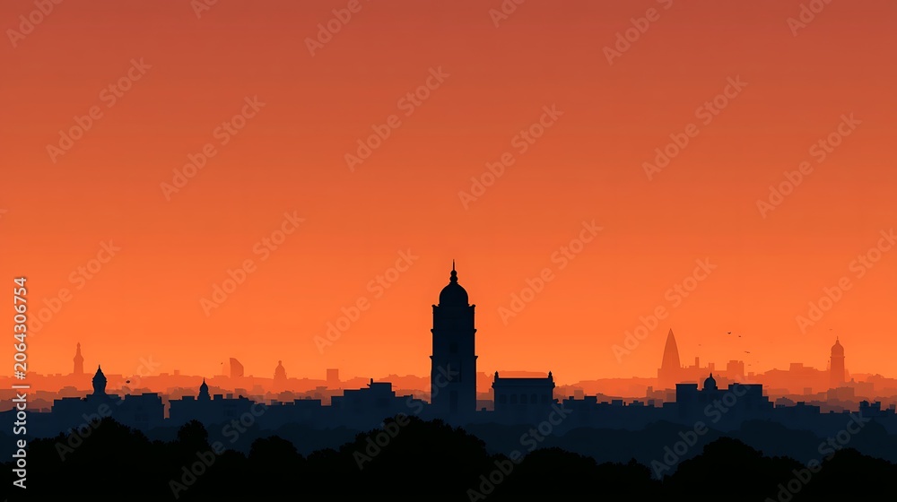 Naklejka premium Silhouette of city skyline at sunset with orange sky